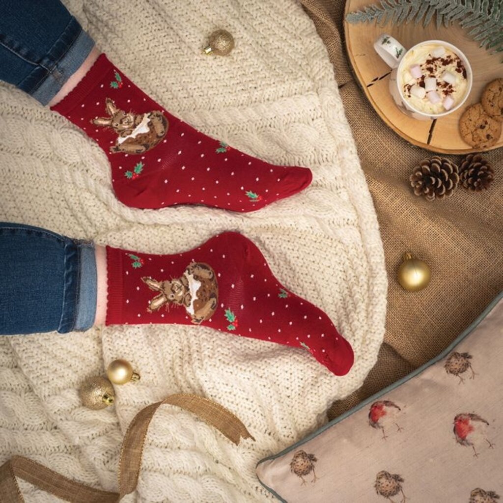 Wrendale Designs 'Little Pud' (Rabbit) Christmas Socks - Red