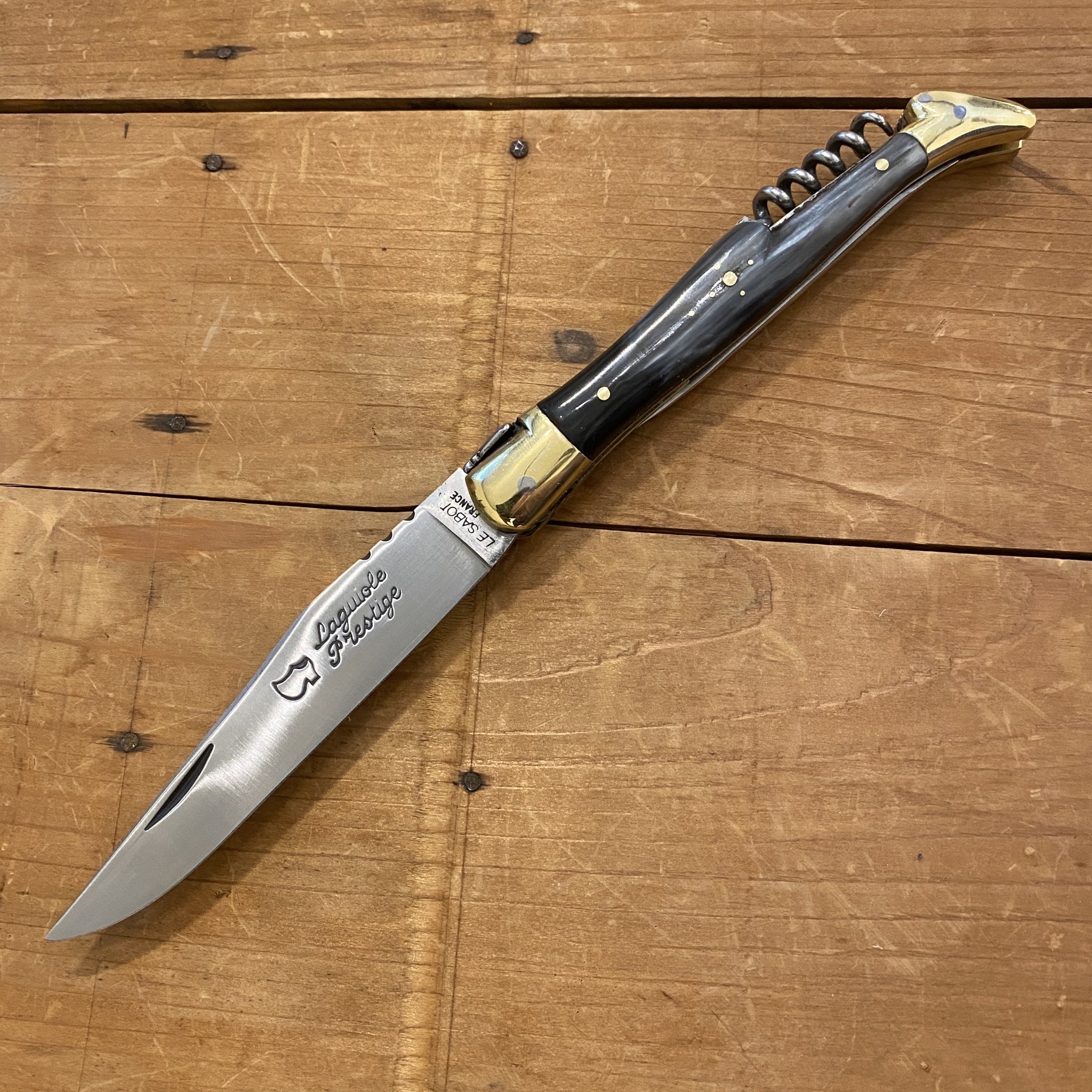 Au Sabot 12cm Laguiole Carbon Steel Corkscrew 2 Brass Bolsters Pocket Knife Horn 112501 Bernal Cutlery