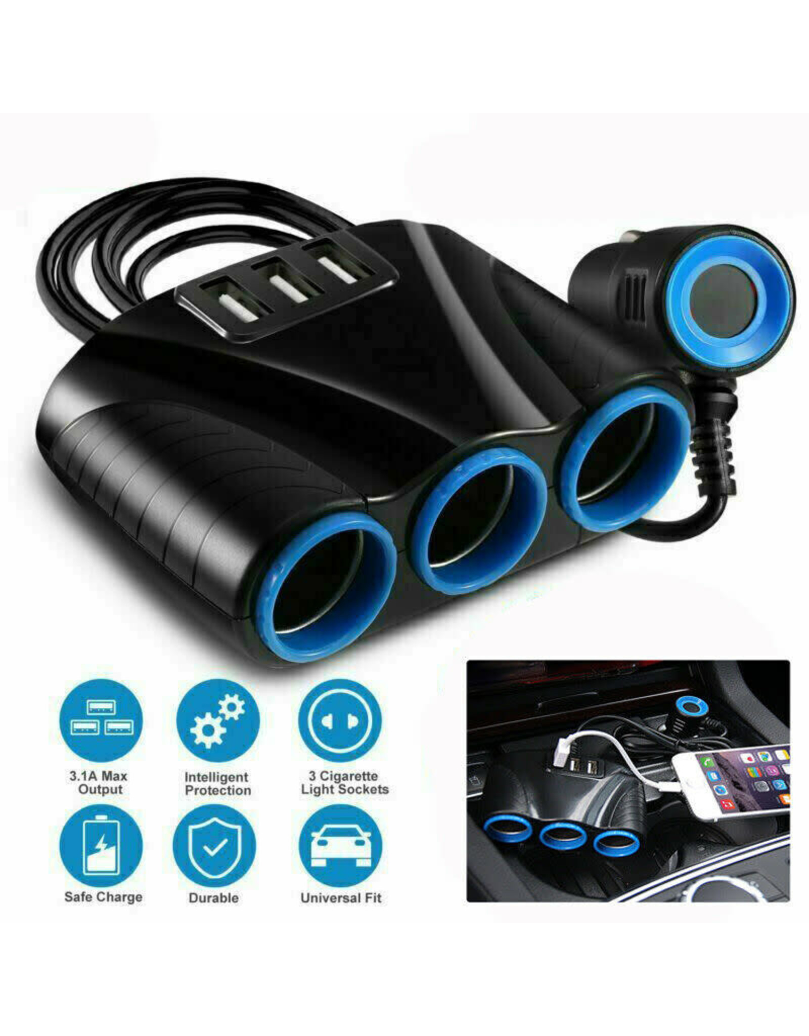 Cigarette Lighter Socket 3 USB Charger Splitter 12V Outlet Power Adapter Car  - Camera Concepts & Telescope Solutions