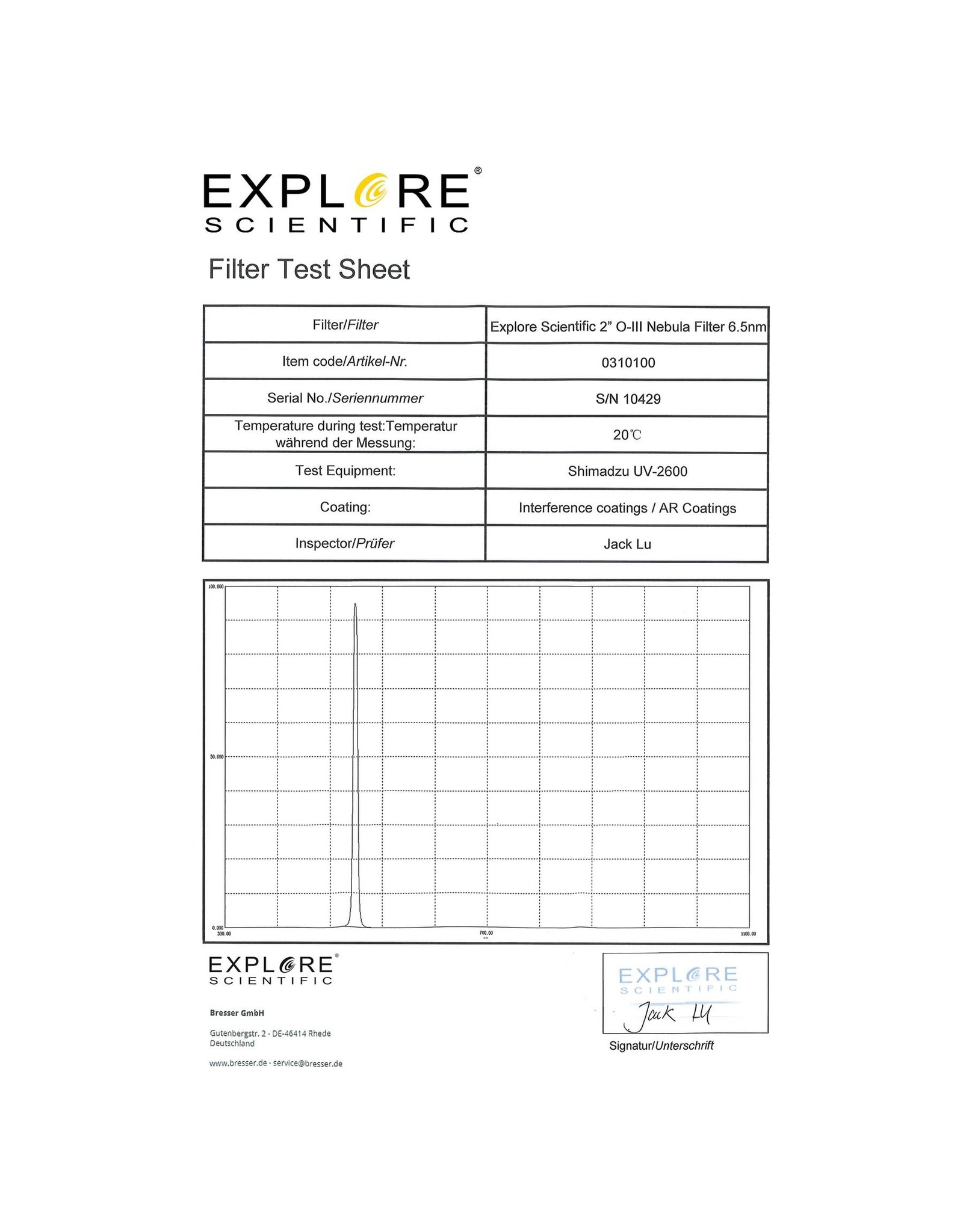 Explore Scientific Explore Scientific Nebula Filter Oxygen III 2-inch 6.5nm