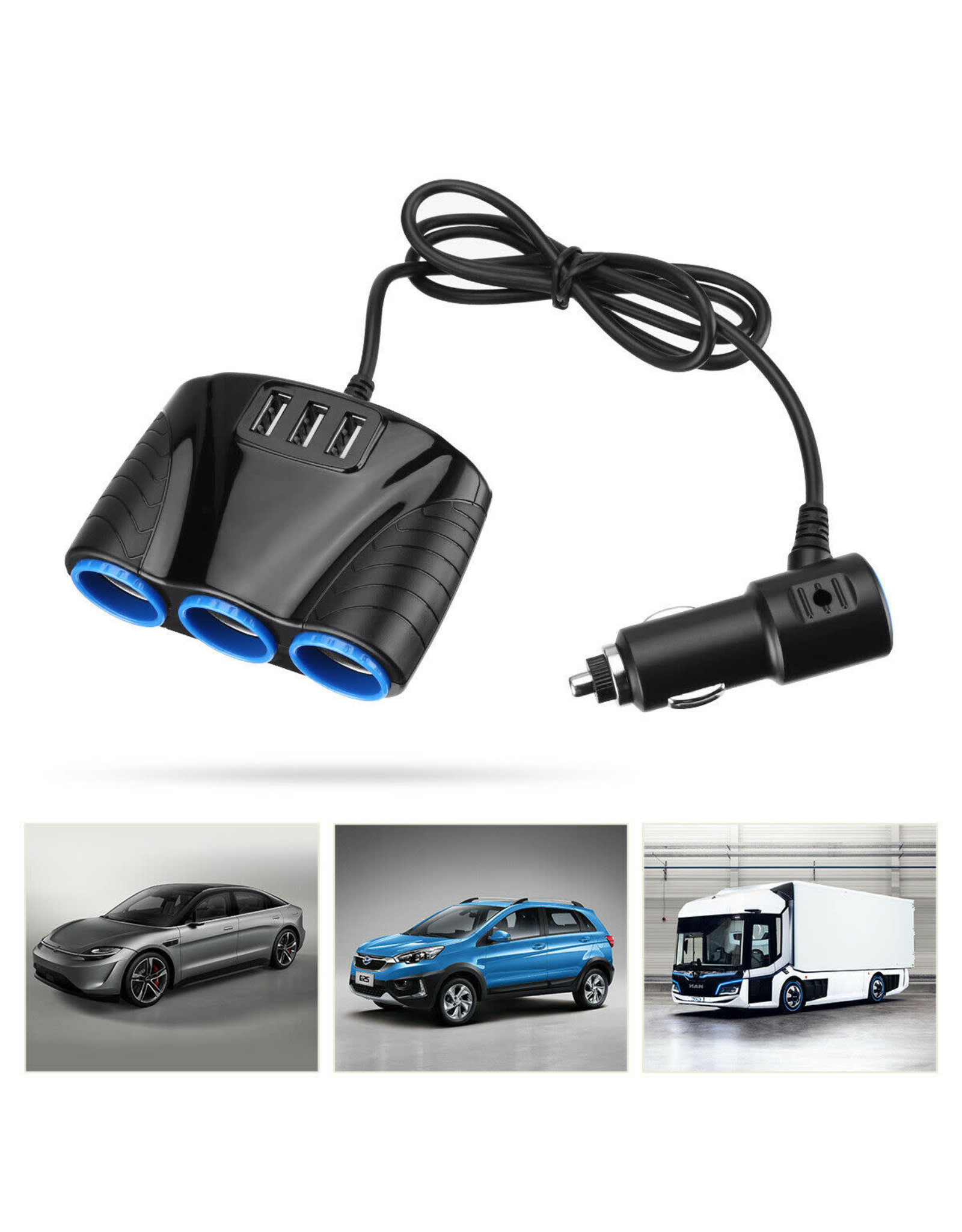 Arcturus Products 12v DC Three Cigarette Lighter Socket 3 USB Charger Splitter 12V Outlet Power Adapter