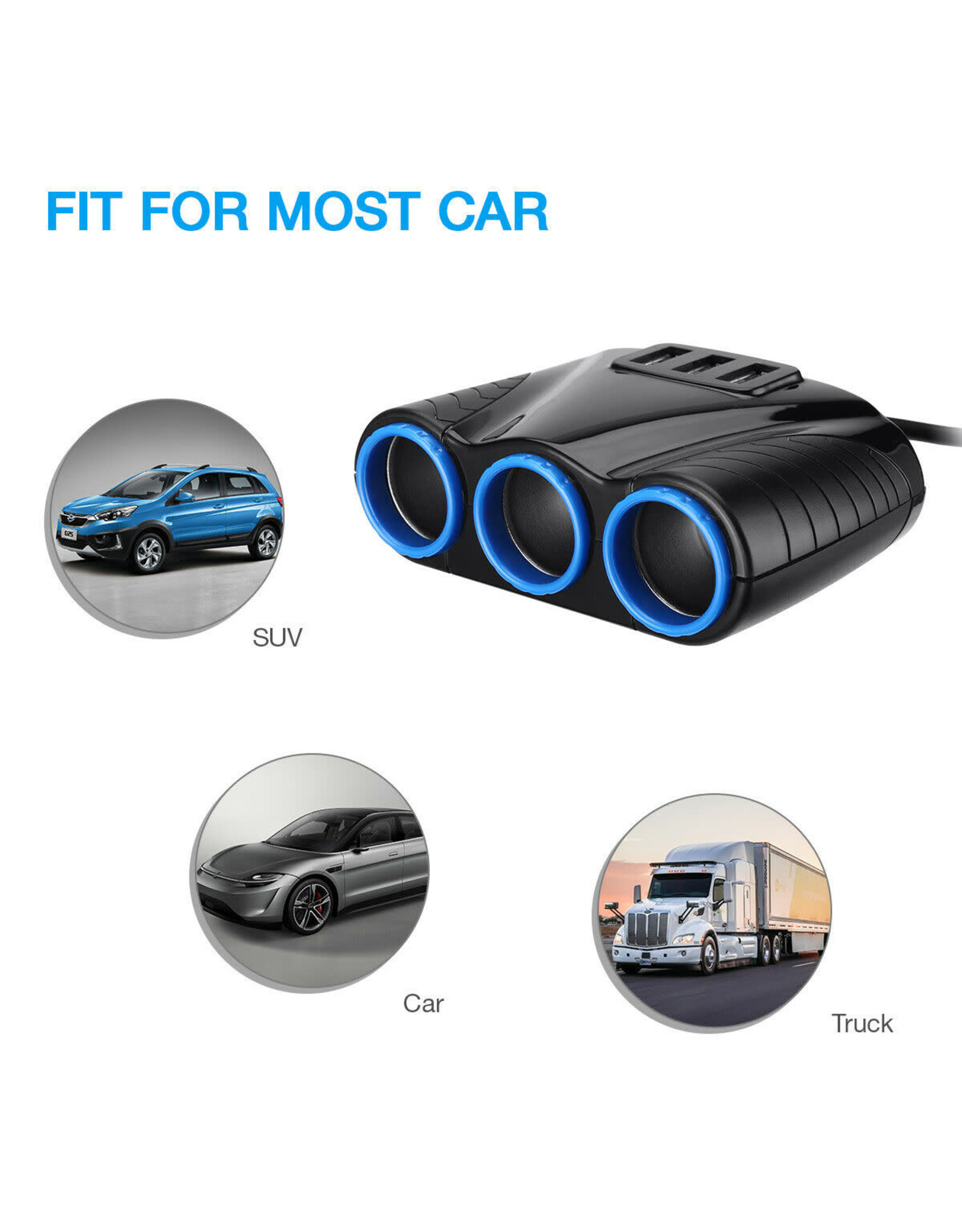 Arcturus Products 12v DC Three Cigarette Lighter Socket 3 USB Charger Splitter 12V Outlet Power Adapter