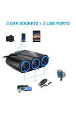 Arcturus Products 12v DC Three Cigarette Lighter Socket 3 USB Charger Splitter 12V Outlet Power Adapter