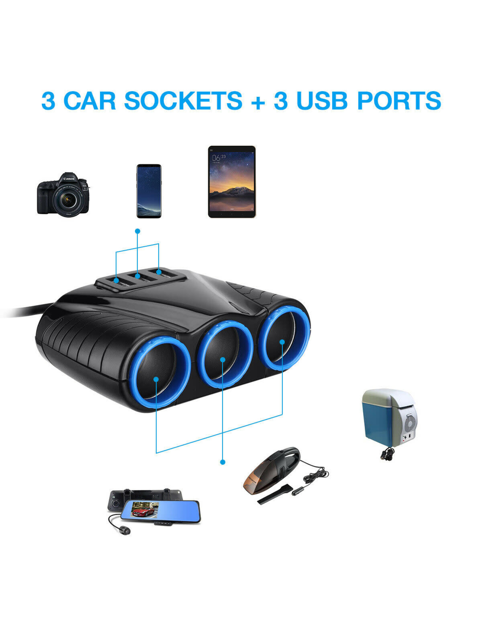 Arcturus Products 12v DC Three Cigarette Lighter Socket 3 USB Charger Splitter 12V Outlet Power Adapter