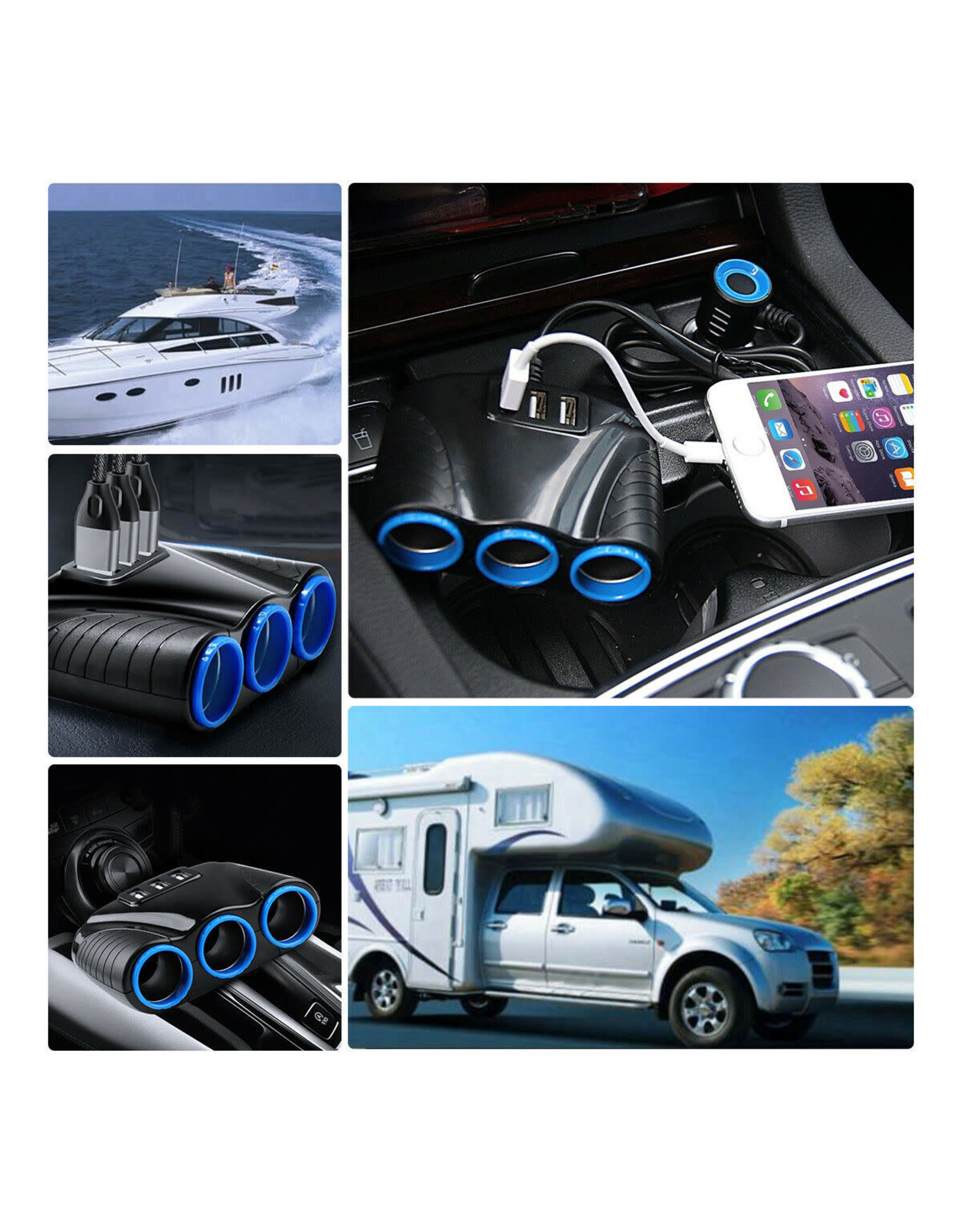 Arcturus Products 12v DC Three Cigarette Lighter Socket 3 USB Charger Splitter 12V Outlet Power Adapter