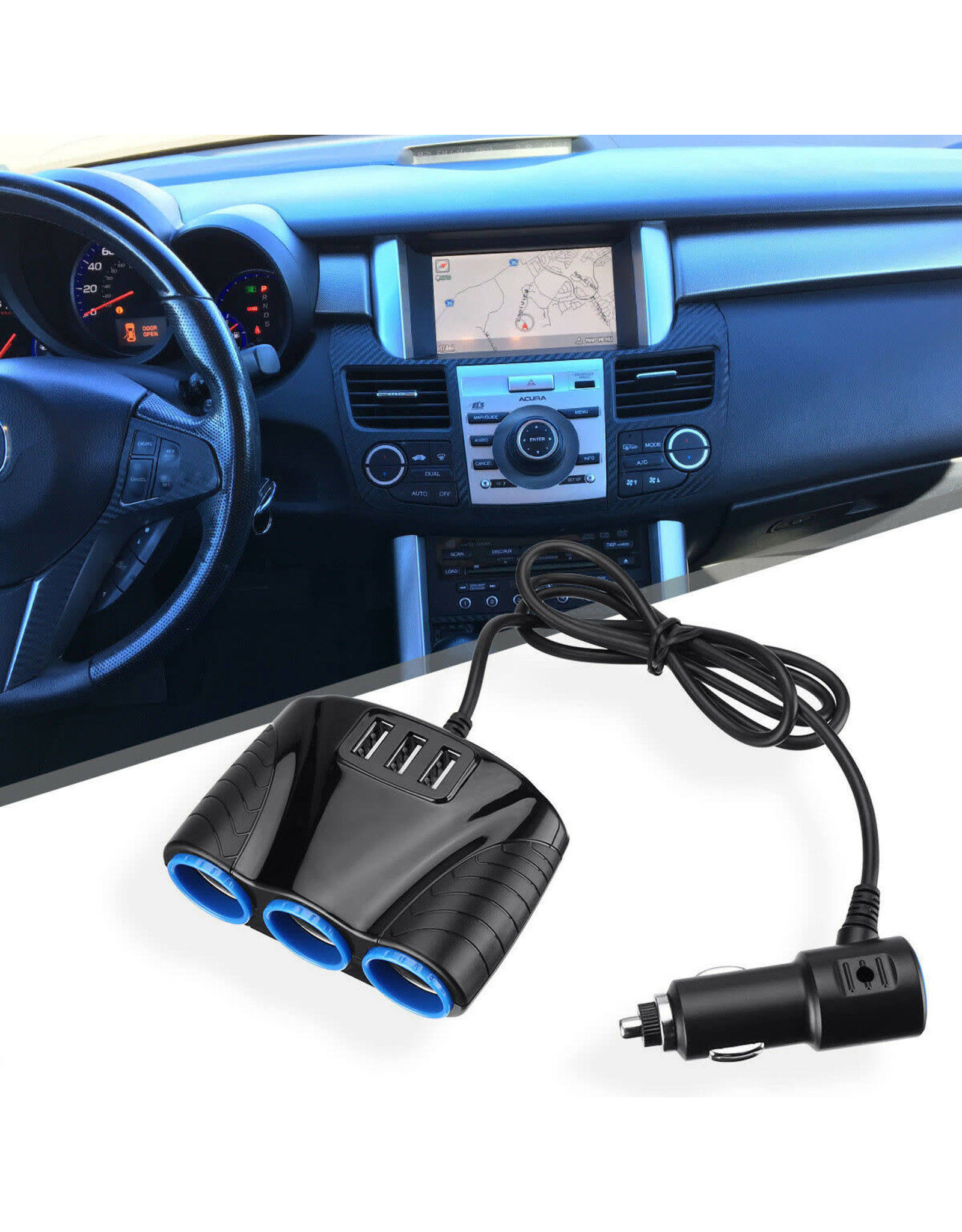 Arcturus Products 12v DC Three Cigarette Lighter Socket 3 USB Charger Splitter 12V Outlet Power Adapter