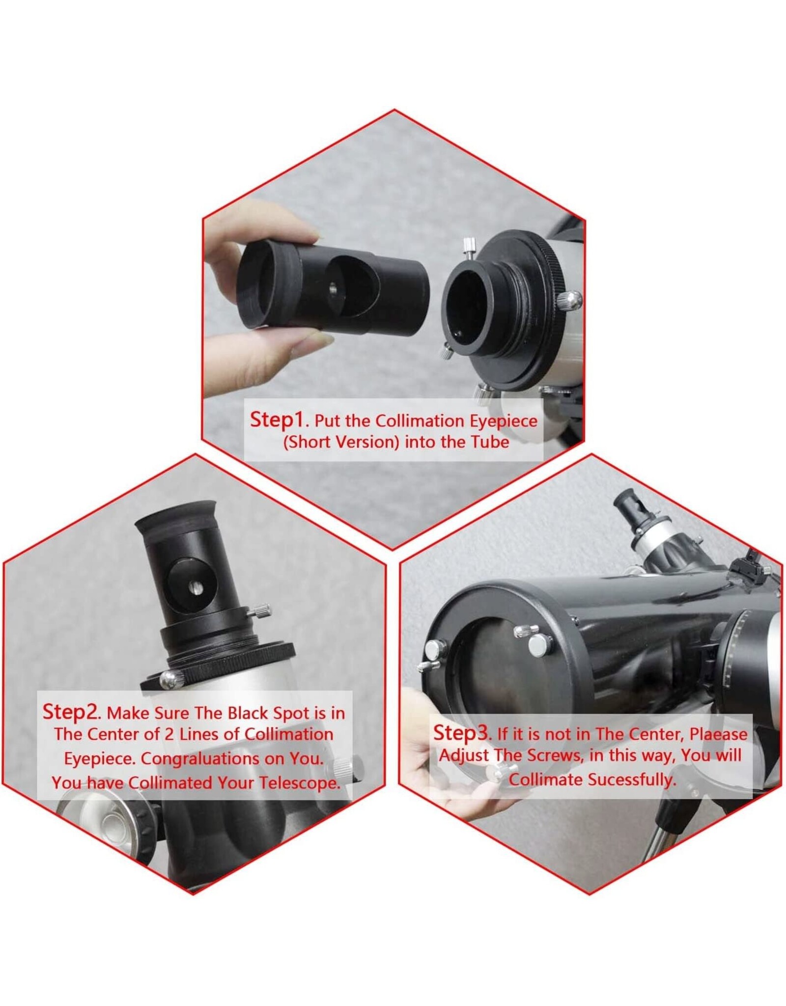 Arcturus 1.25 Inch Metal Collimating Cheshire Eyepiece  With Cross Hair for Newtonian Reflector Telescope - Short Version