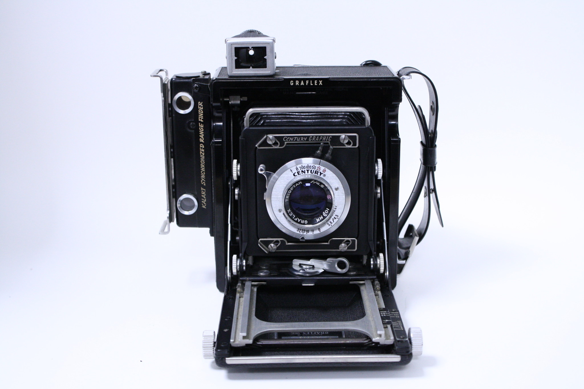 Century Graflex 2 1/4 x 3 1/4 Film Camera with 103mm 4.5 Trioptar Lens with  2 120 roll film backs and hard case (Pre-Owned)