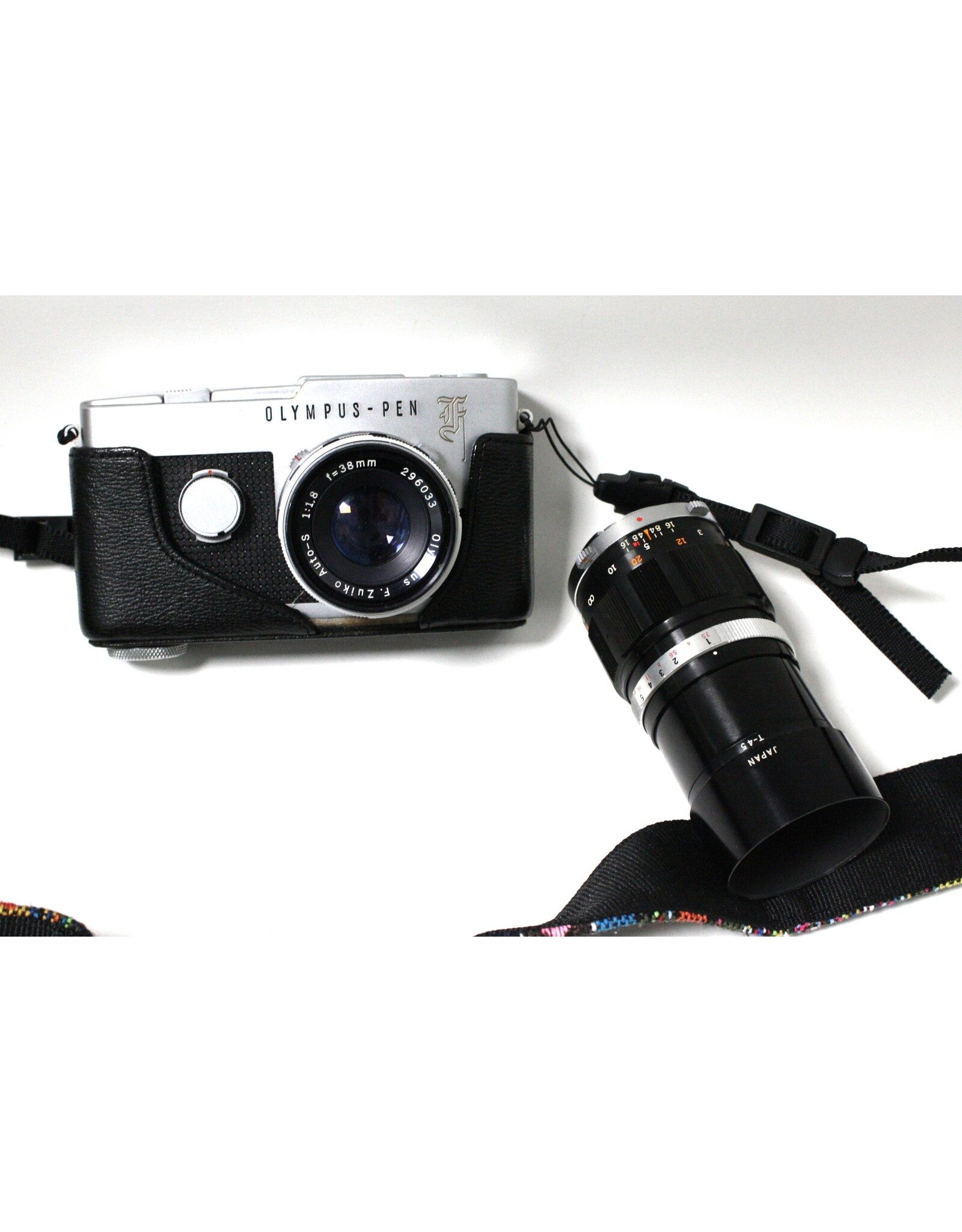 Olympus Pen F Half Frame Camera with 38mm f1.8 and 100mm f3.5 lens 