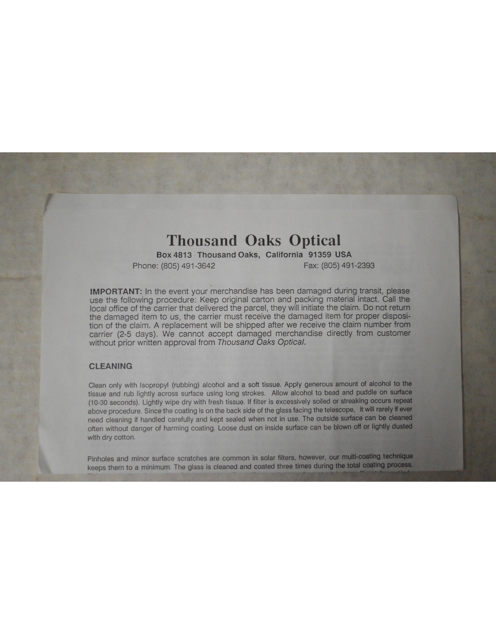 Thousand Oaks Optical Thousand oaks Type 1 Solar filter for Celestron C8 and Meade 8" SCT (Pre-owned