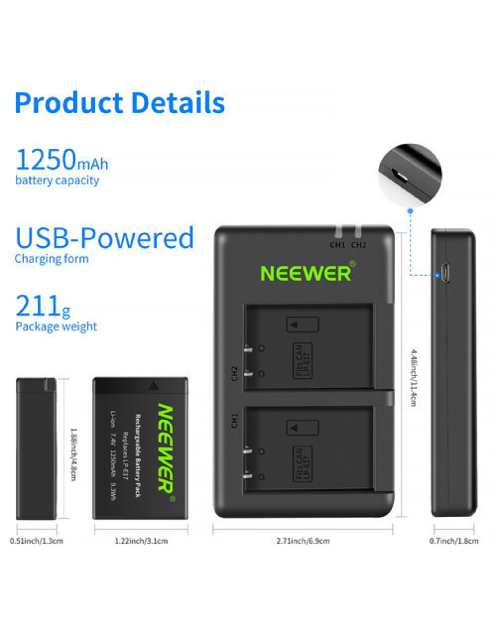 Neweer Neewer LP-E17 Battery 2-Pack for Canon with Dual USB Charger (1250mAh)