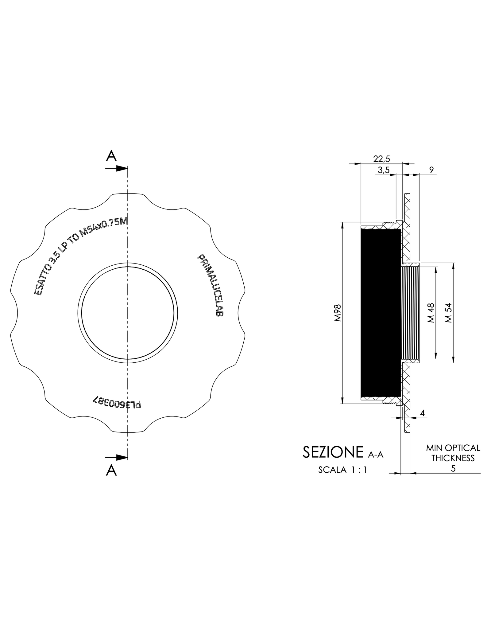 PrimaLuceLab PrimaLuce Lab Adapter from M98 to M54 with stop ring for ESATTO 3,5” LP