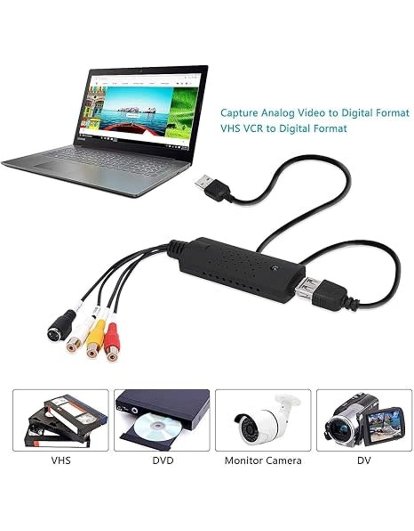 TCRAYCH USB Audio Video Converter, VHS to Digital Converter, Video Capture Card Digitize from Analog Video VCR VHS DVD, for Windows 7 8 10