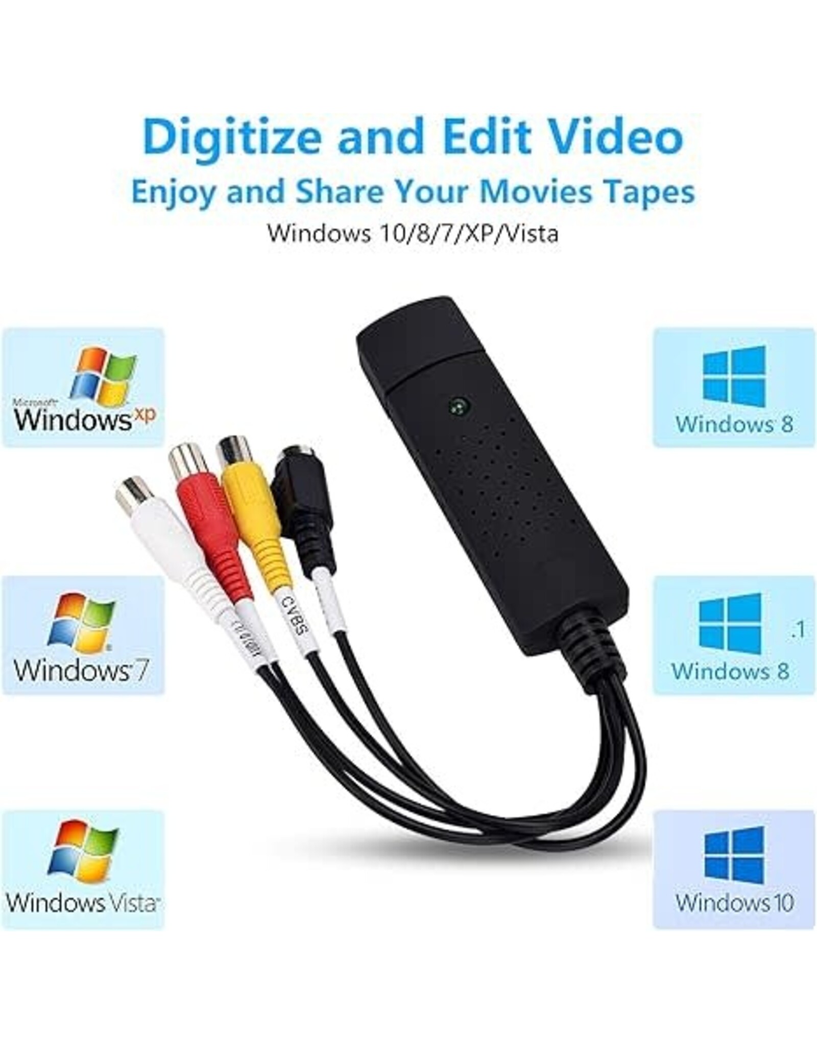 TCRAYCH USB Audio Video Converter, VHS to Digital Converter, Video Capture Card Digitize from Analog Video VCR VHS DVD, for Windows 7 8 10