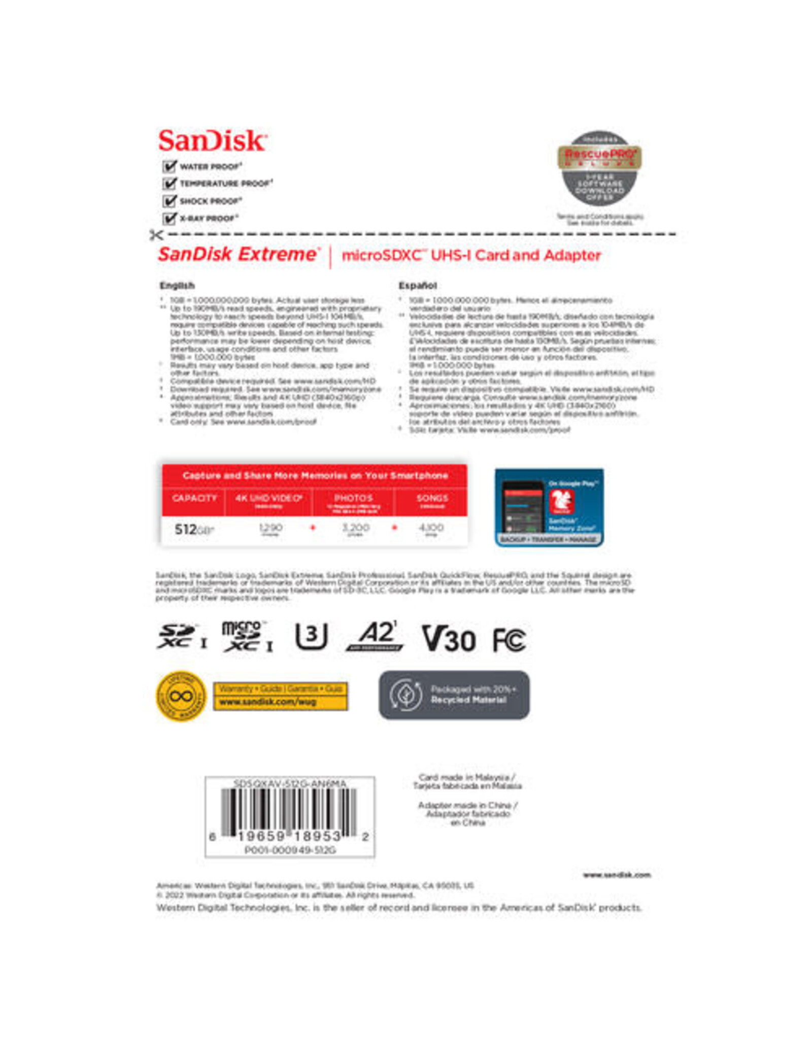 SanDisk 512GB Extreme UHS-I microSDXC Memory Card with SD Adapter