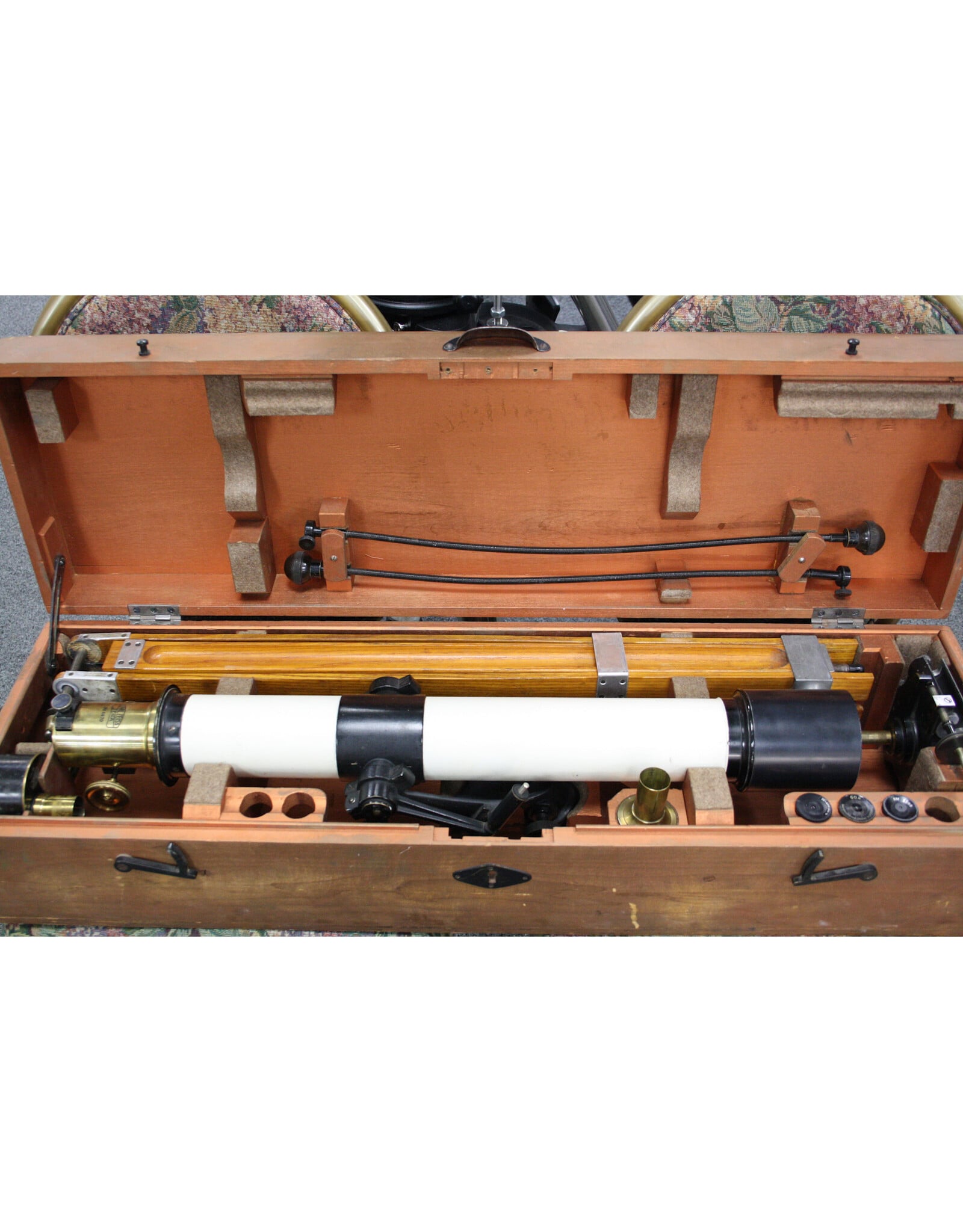 Vintage Carl Zeiss Jena Telementor (?) 63mm Refractor Telescope Serial No. 6670 with Original Alt-Az Slow Motion  Mount and Tripod in Wooden Case
