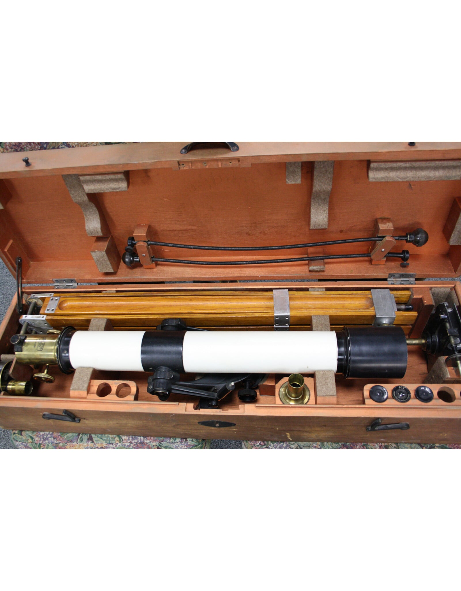 Vintage Carl Zeiss Jena Telementor (?) 63mm Refractor Telescope Serial No. 6670 with Original Alt-Az Slow Motion  Mount and Tripod in Wooden Case