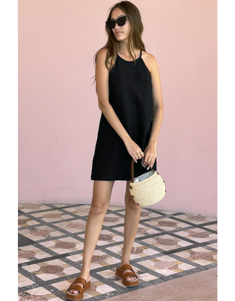 Emerson Fry High Neck Short Dress - Black Linen
