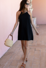 Emerson Fry High Neck Short Dress - Black Linen