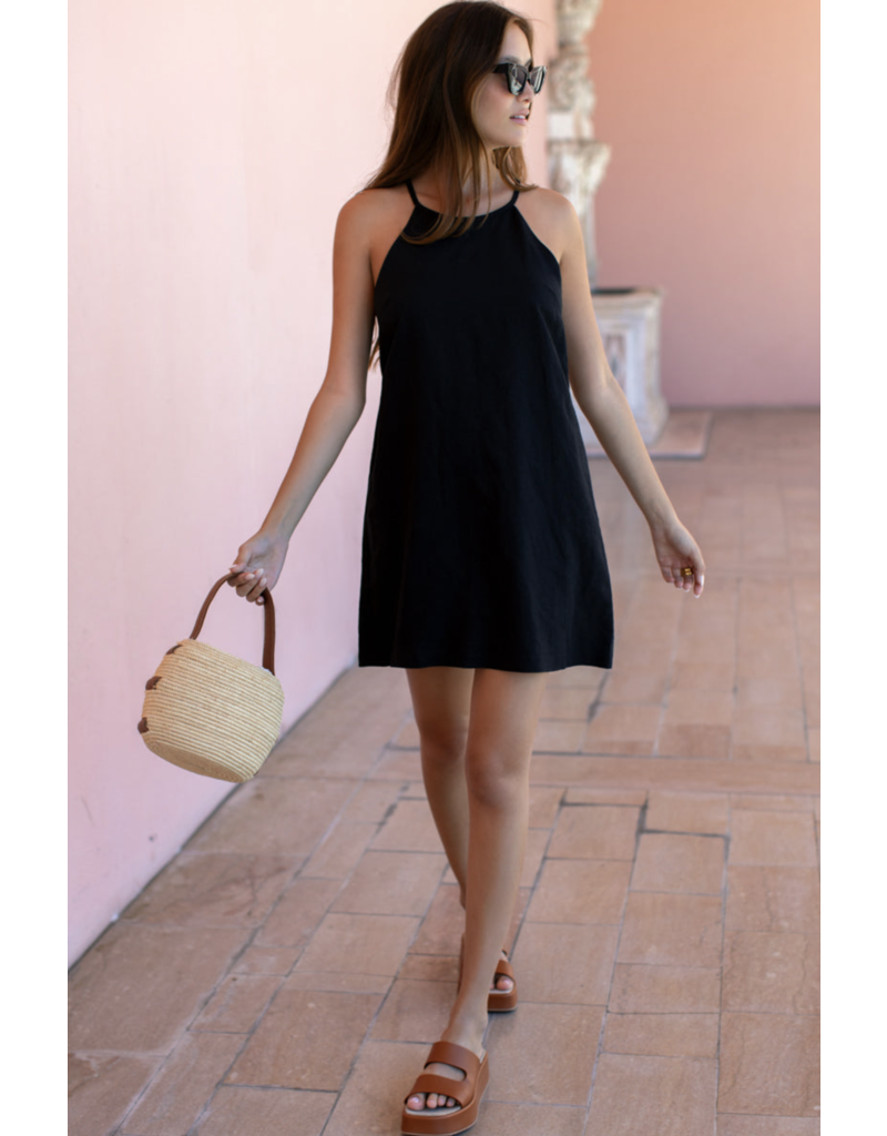 Emerson Fry High Neck Short Dress - Black Linen
