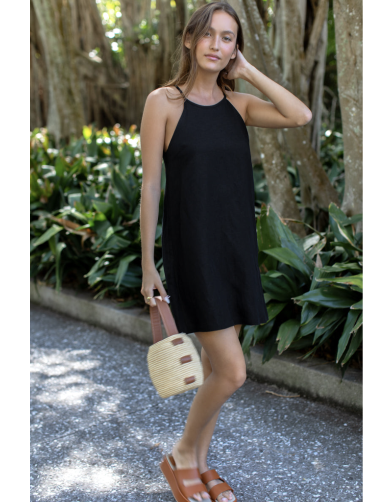 Emerson Fry High Neck Short Dress - Black Linen