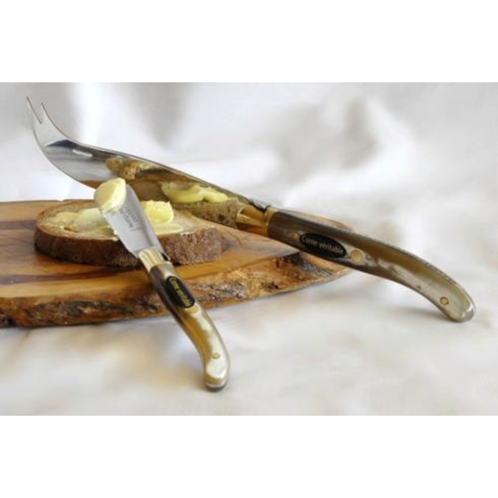 Claude Dozorme Laguiole Cheese and Butter Knives with Bee Hell Horn Handle in Box