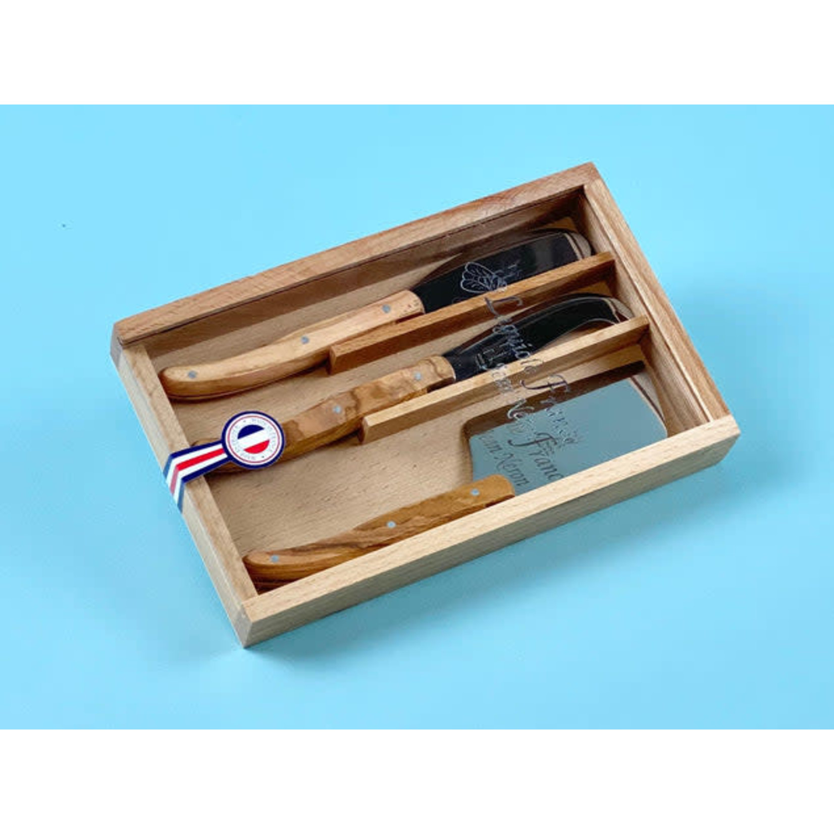 Laguiole Set of Three Olivewood Cheese Utensils in Wooden Box