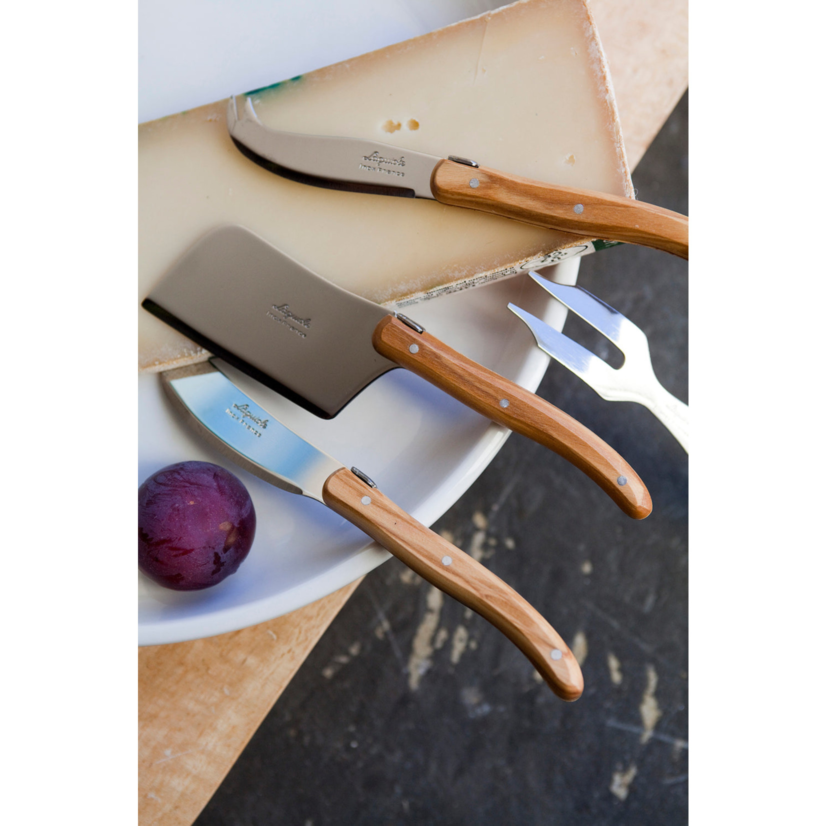 Laguiole Set of Three Olivewood Cheese Utensils in Wooden Box