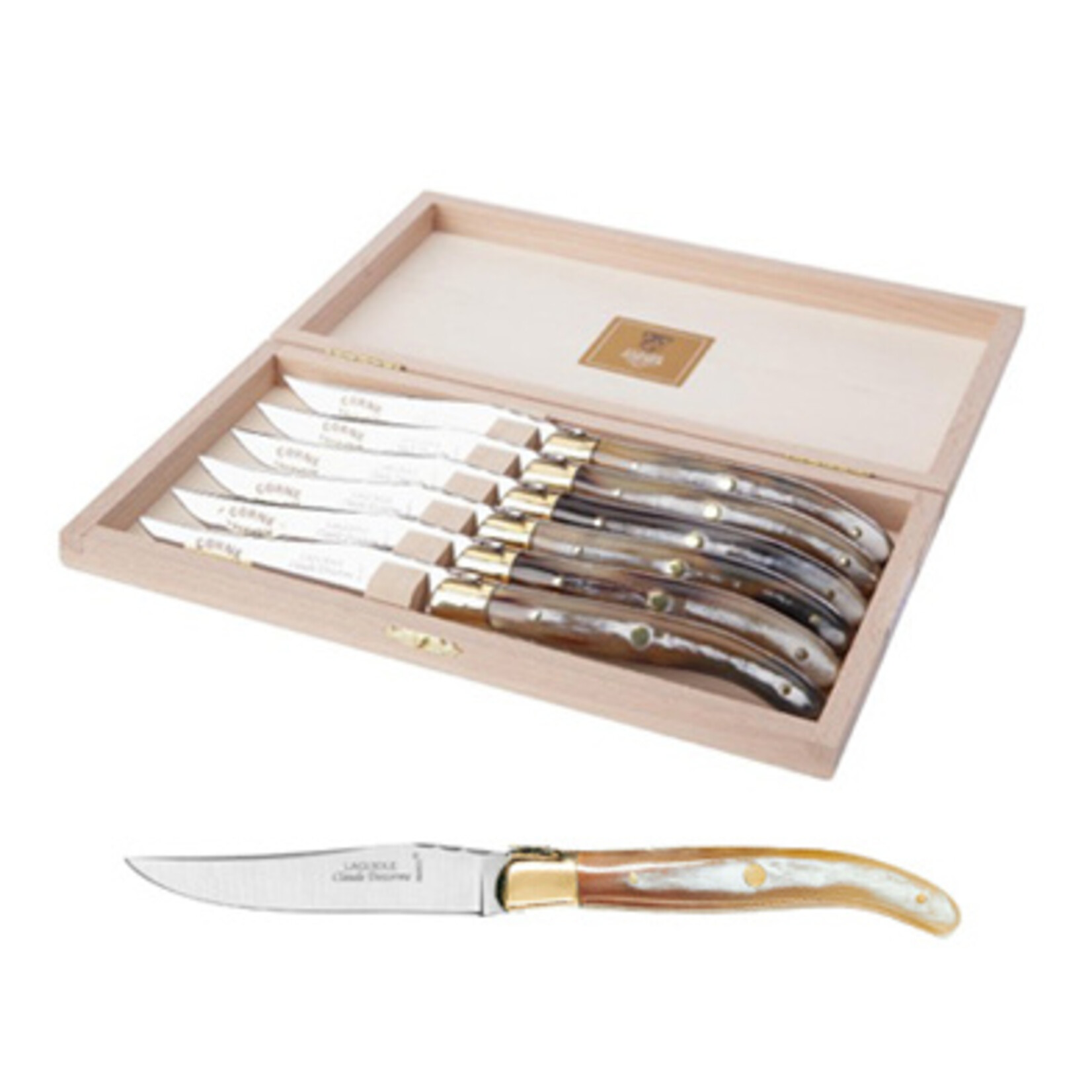 Claude Dozorme Laguiole Steak Knives with Bee Hell Horn Handle- Set of 6