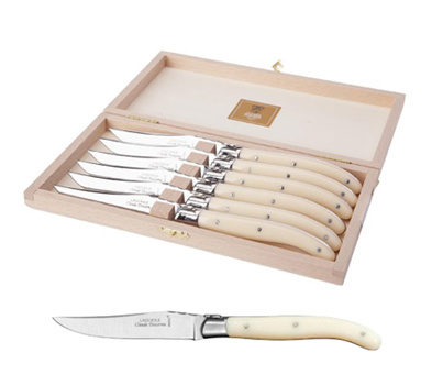 Laguiole Steak Knives w/ White Handle (Box of 6) - Crème de