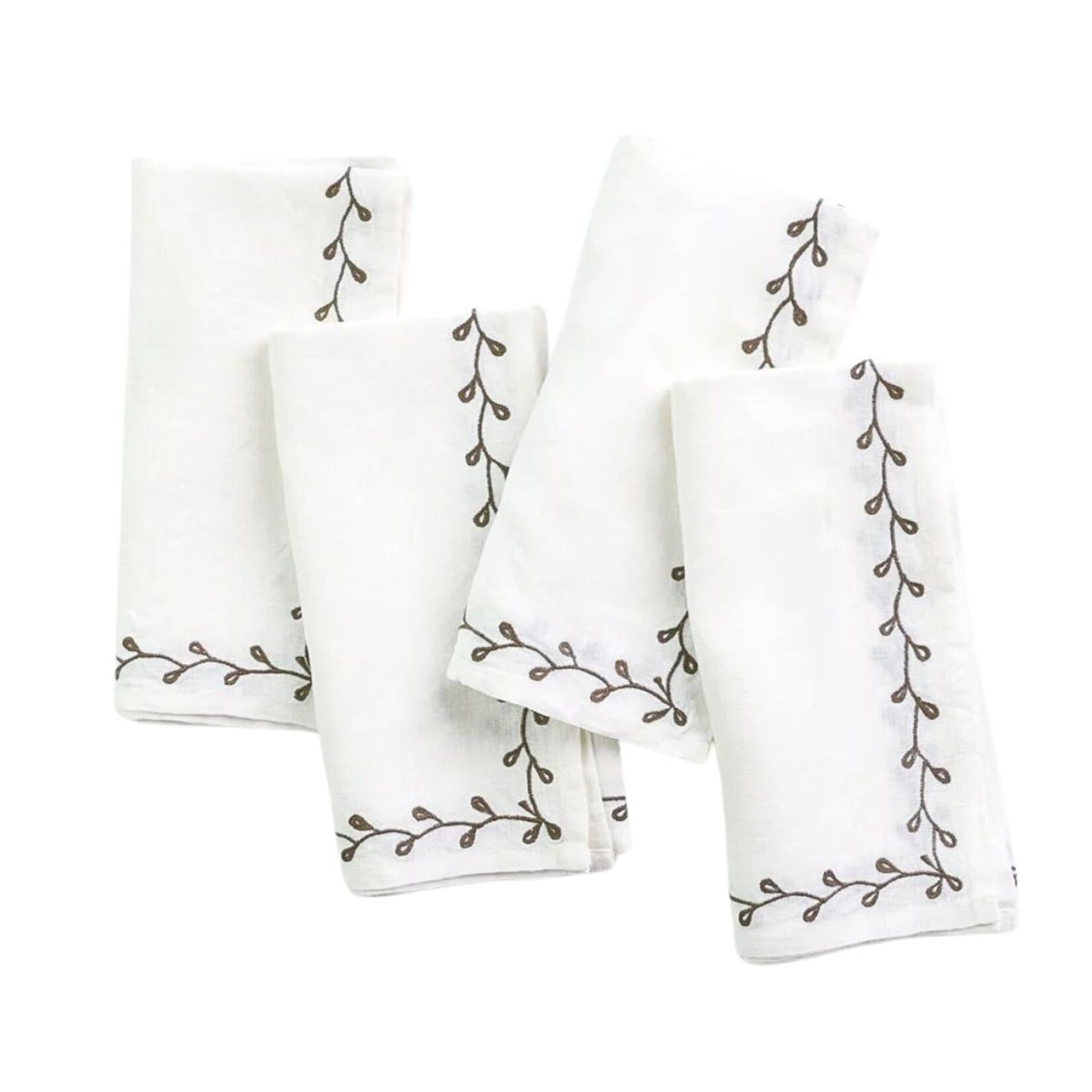 Pomegranate POMEGRANATE Twig & Bud Embroidered Linen Napkin Set of 4- Brown