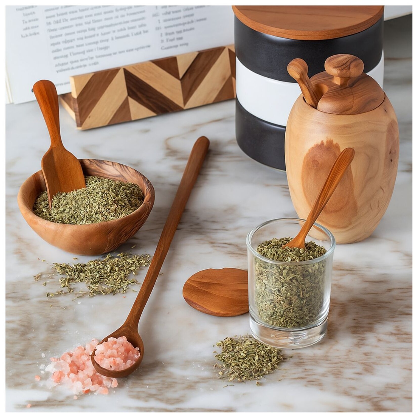 Glass Mini Cellar with Teak Lid and Spoon- Tall