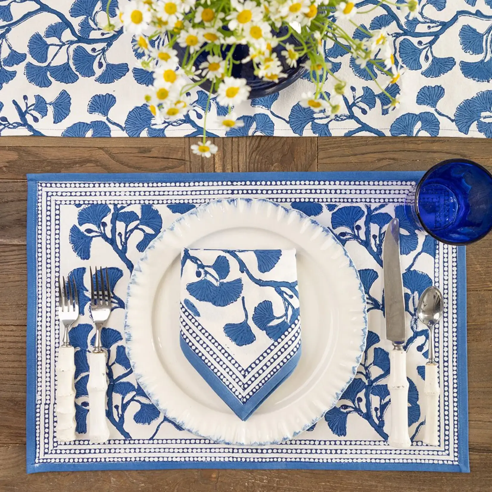 Pomegranate Ginkgo Blue Tablecloth & Table Runner