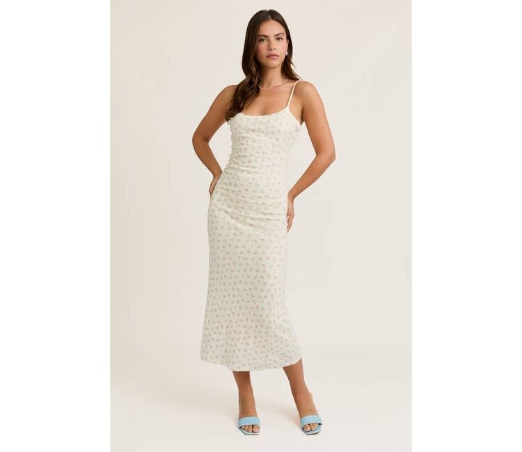 LE LIS POINTELLE FLORAL PRINTED KNIT MIDI DRESS