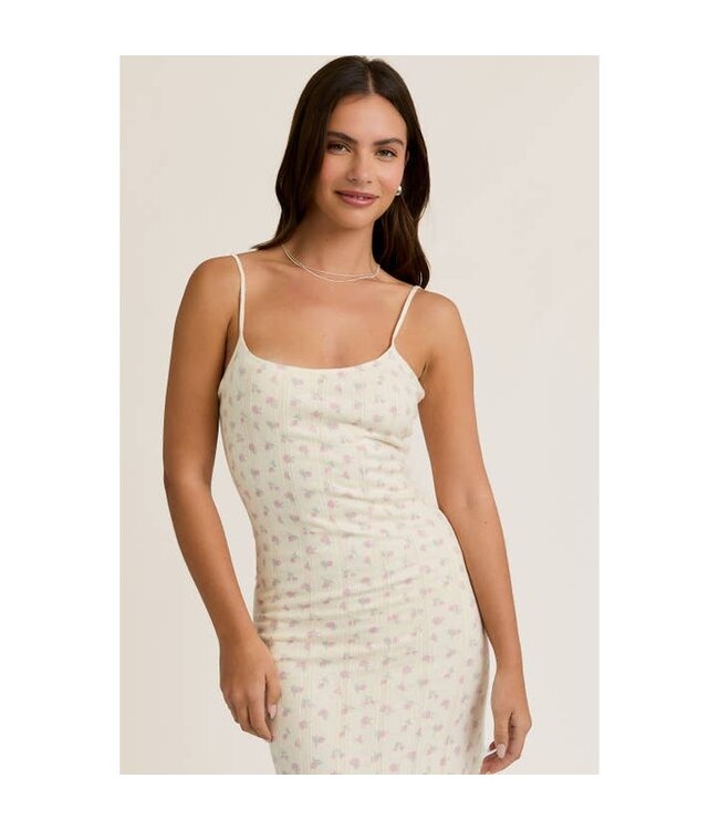 LE LIS POINTELLE FLORAL PRINTED KNIT MIDI DRESS