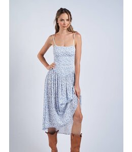 SKY TO MOON DITSY FLORAL  SMOCKED DROP-WAIST MIDI DRESS