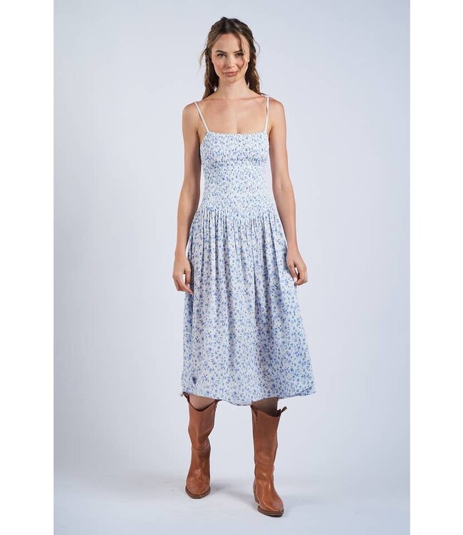 SKY TO MOON DITSY FLORAL  SMOCKED DROP-WAIST MIDI DRESS