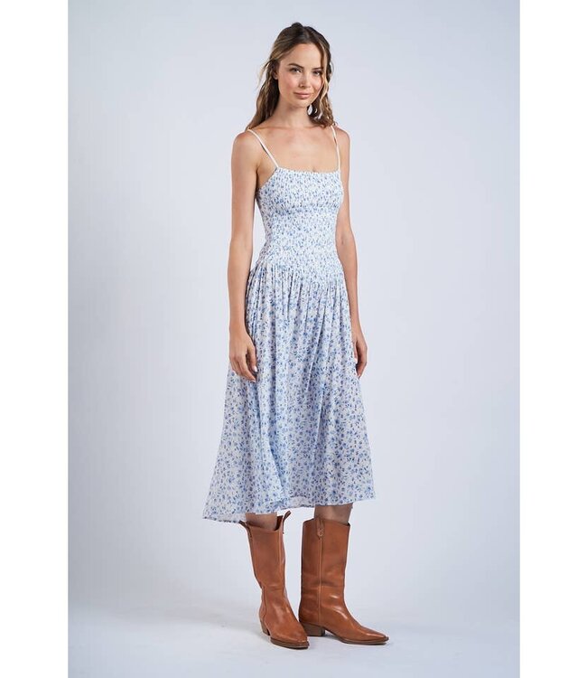 SKY TO MOON DITSY FLORAL  SMOCKED DROP-WAIST MIDI DRESS