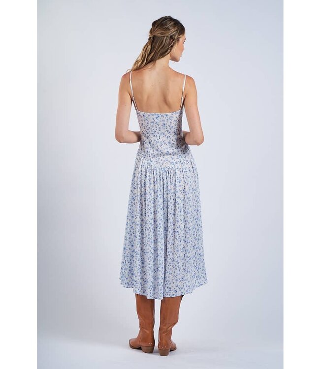 SKY TO MOON DITSY FLORAL  SMOCKED DROP-WAIST MIDI DRESS