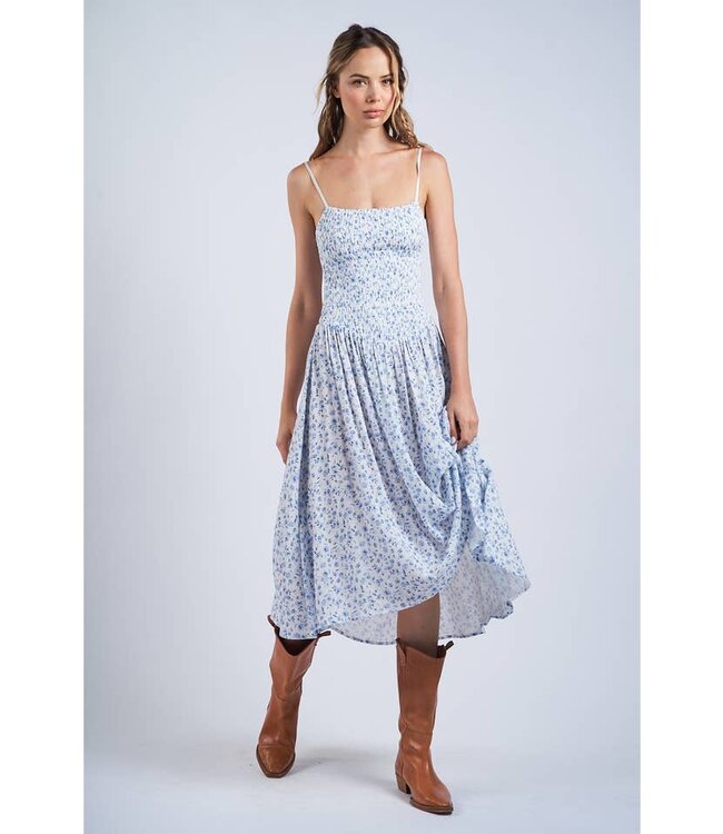 SKY TO MOON DITSY FLORAL  SMOCKED DROP-WAIST MIDI DRESS