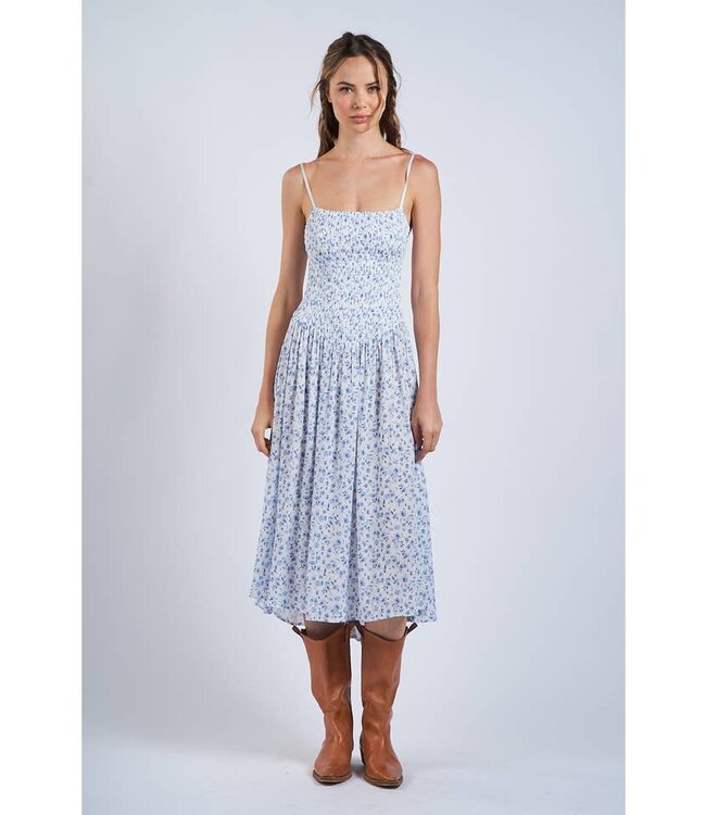 SKY TO MOON DITSY FLORAL  SMOCKED DROP-WAIST MIDI DRESS