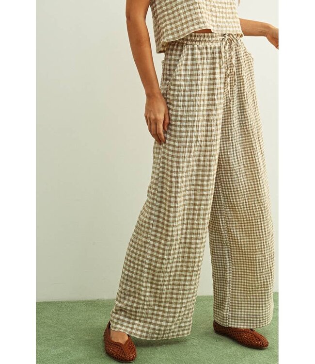 MIOU MUSE Mixed Gingham Straight Pant Tan
