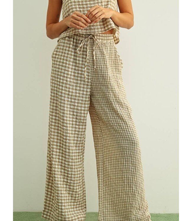 MIOU MUSE Mixed Gingham Straight Pant Tan