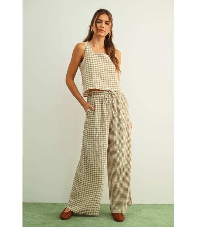 MIOU MUSE Mixed Gingham Straight Pant Tan