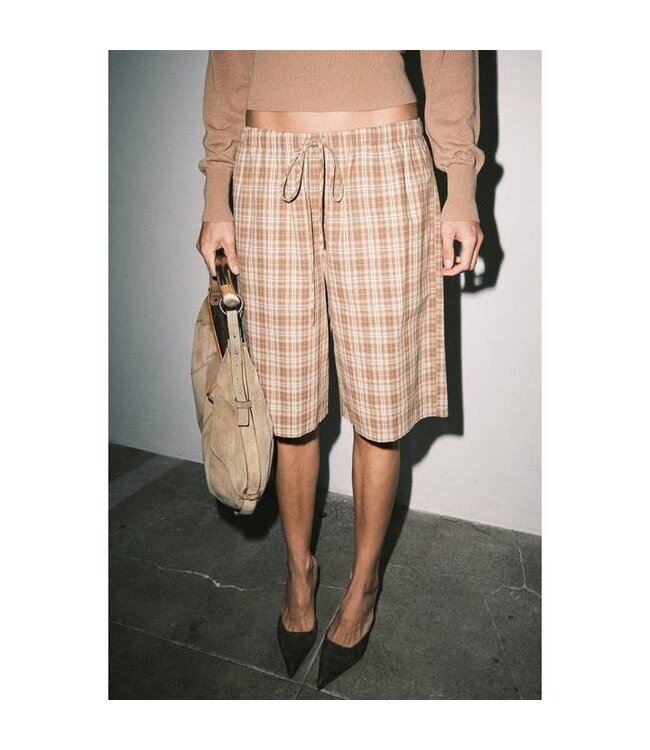 LOUCIA Plaid Linen Jorts Brown