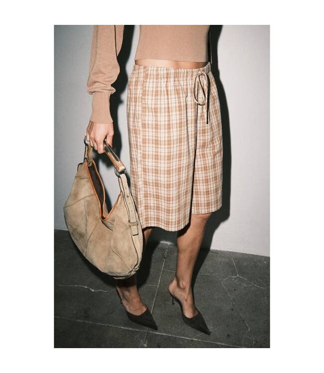 LOUCIA Plaid Linen Jorts Brown