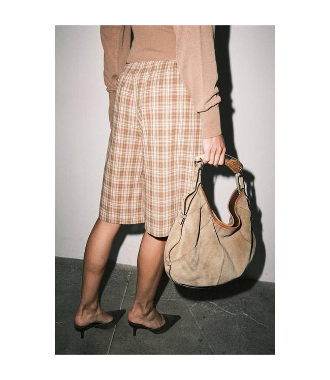 LOUCIA Plaid Linen Jorts Brown