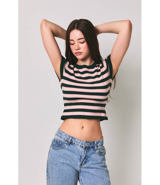 LE LIS Danielle Striped Knit Tee Green