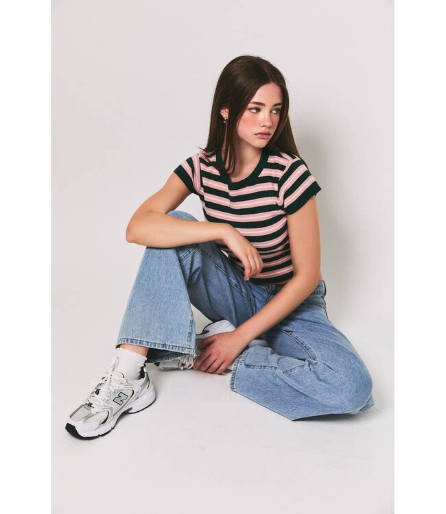 LE LIS Danielle Striped Knit Tee Green