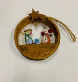 Ornament - Wood Circle Cinnamon Paper Nativity